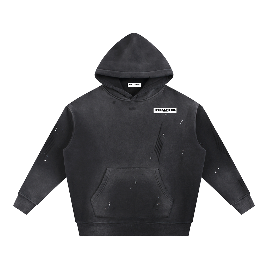 Stealth blackout Vintage Washed Frayed Fleece Hoodie