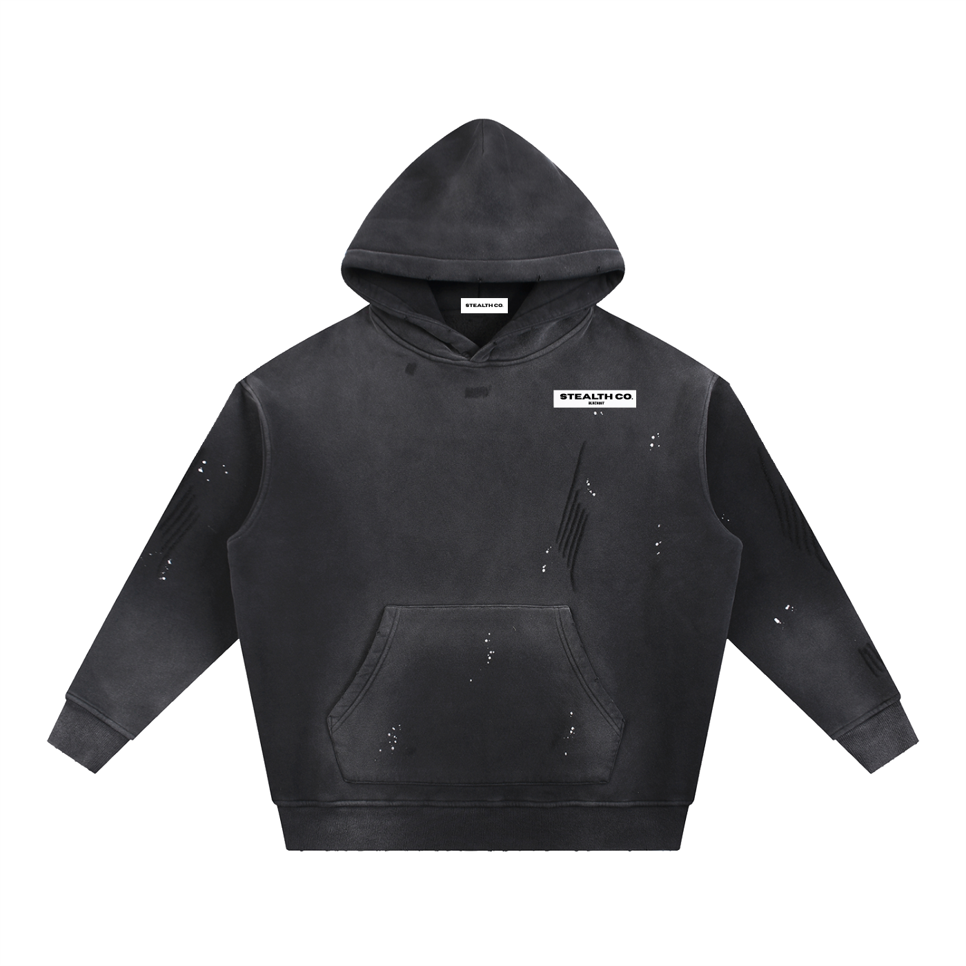 Stealth blackout Vintage Washed Frayed Fleece Hoodie